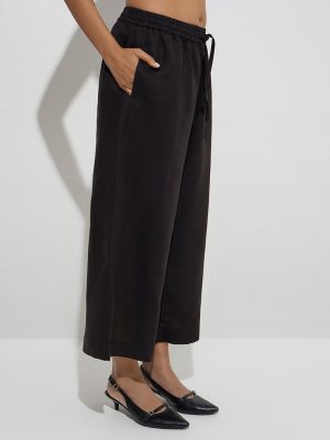 Zuba Black Solid Cotton-Blend Palazzos