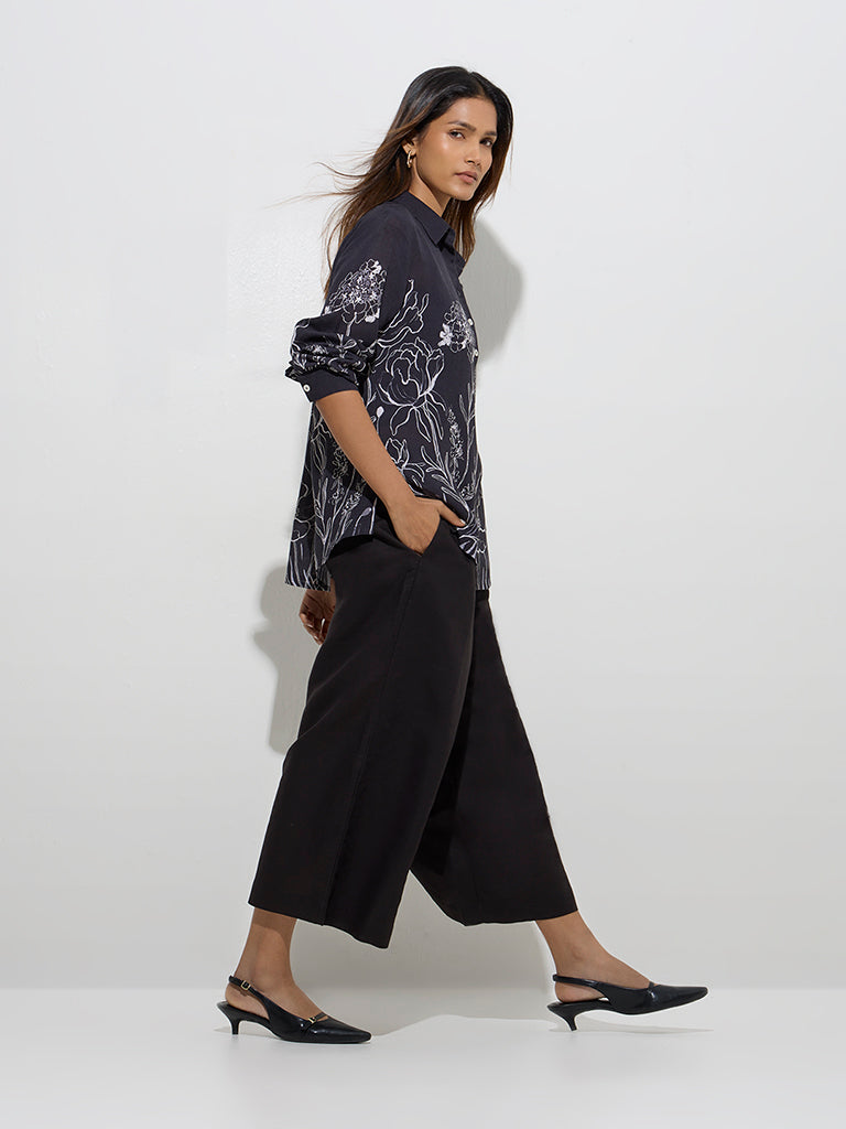 Zuba Black Solid Cotton-Blend Palazzos - Image 3