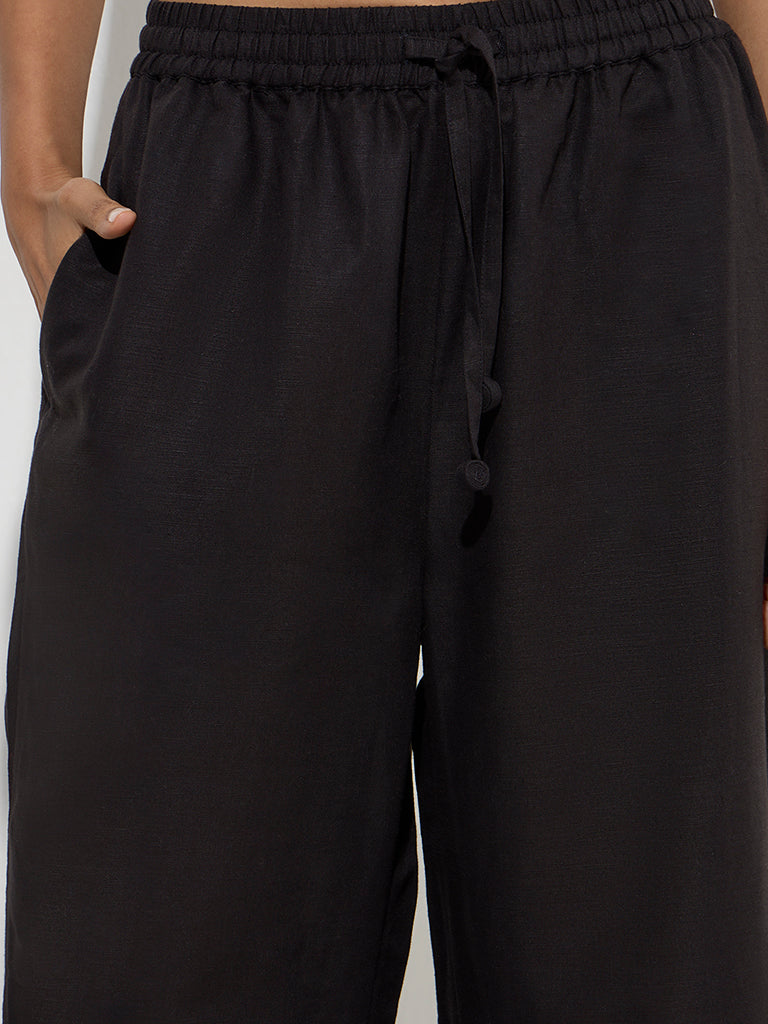 Zuba Black Solid Cotton-Blend Palazzos - Image 4