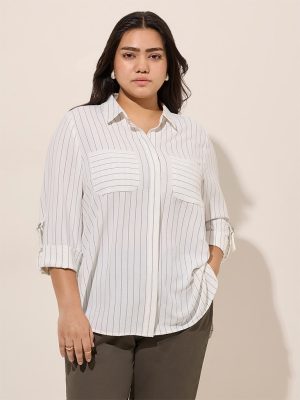 Gia White Pinstripe Printed Cotton Shirt