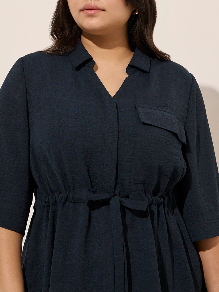Gia Navy Solid Peplum Cotton-Blend Top - Image 2