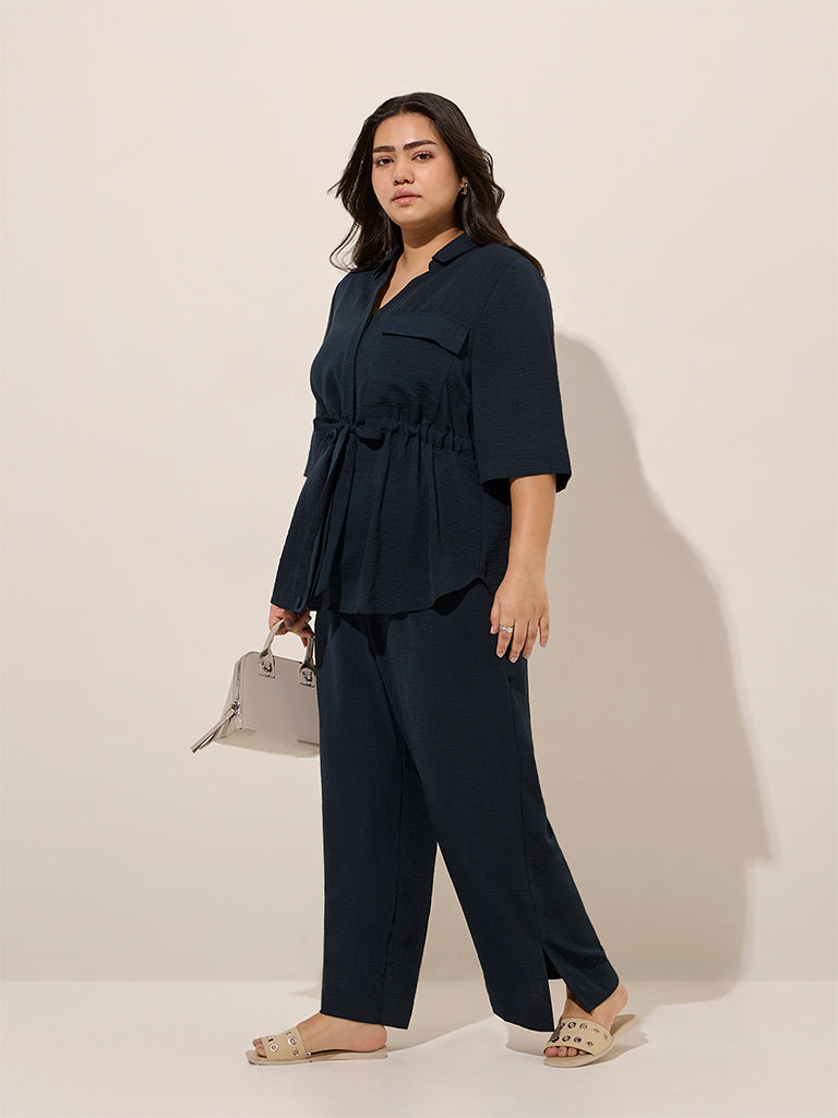 Gia Navy Solid Peplum Cotton-Blend Top - Image 3