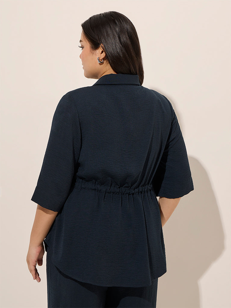 Gia Navy Solid Peplum Cotton-Blend Top - Image 4