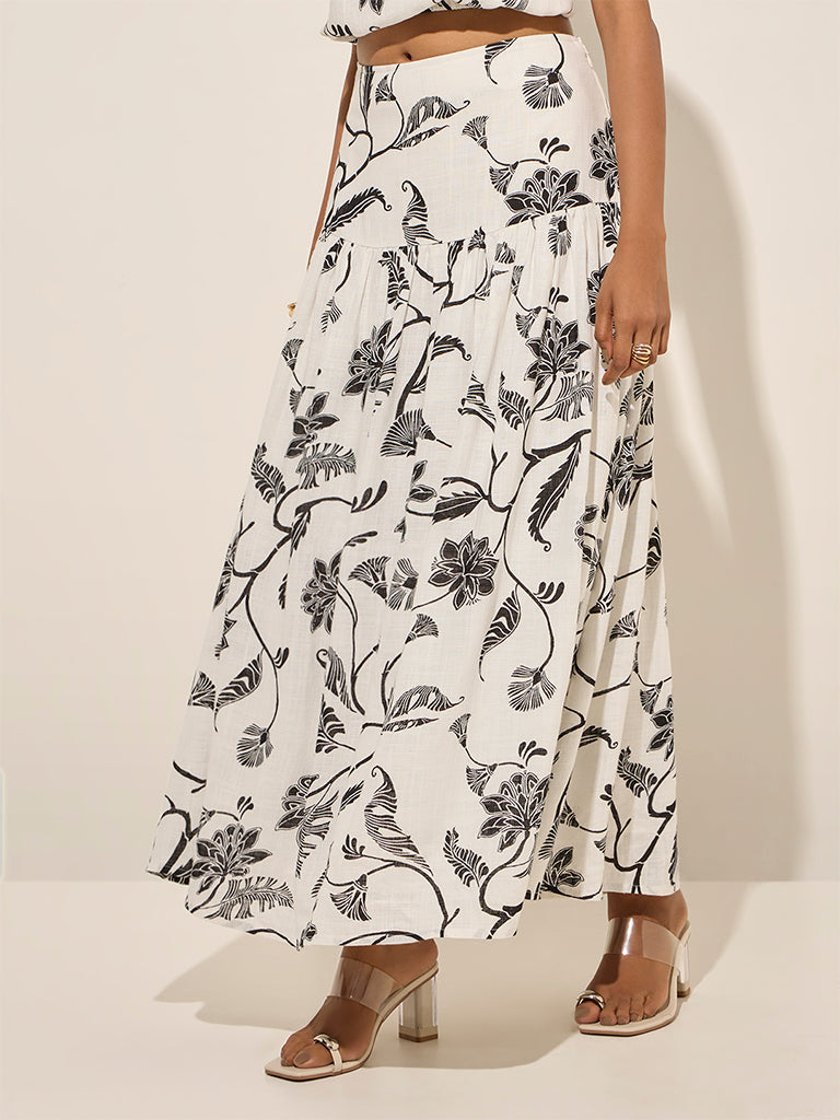 LOV White Floral Design High-Rise Cotton Skirt - Image 3