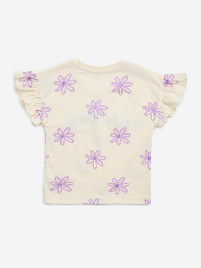 HOP Kids Light Yellow Floral Pattern Cotton T-Shirt - Image 3