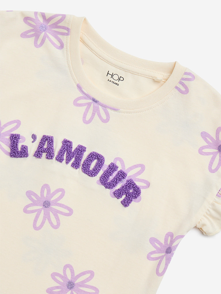HOP Kids Light Yellow Floral Pattern Cotton T-Shirt - Image 4