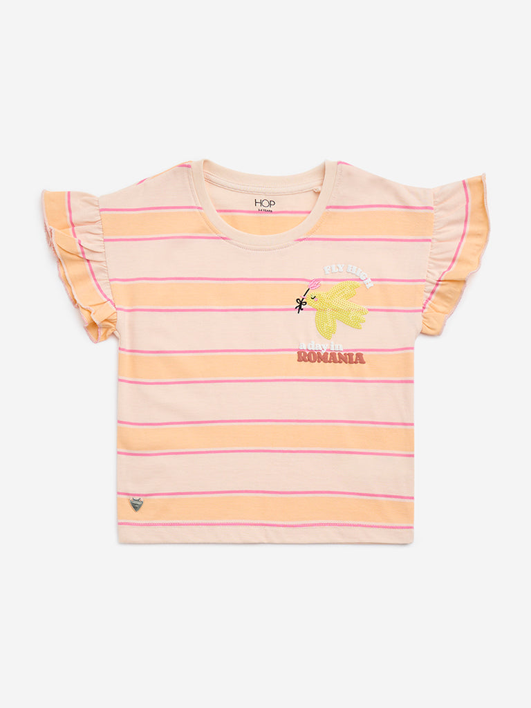 HOP Kids Peach Striped Cotton T-Shirt