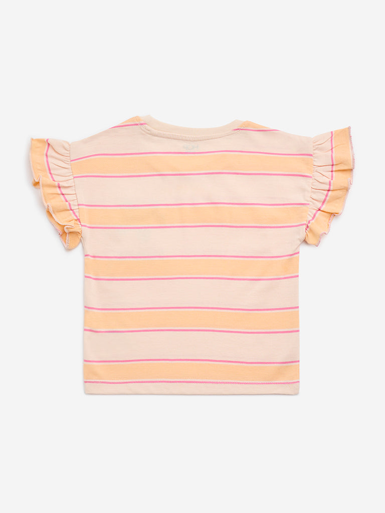 HOP Kids Peach Striped Cotton T-Shirt - Image 3