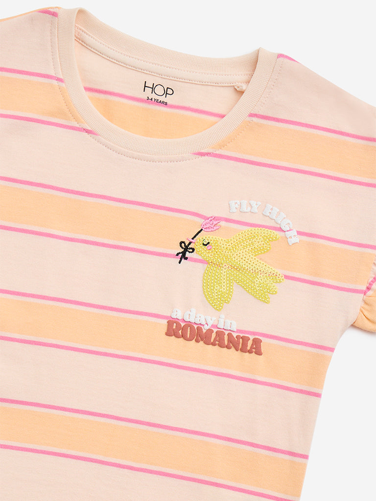 HOP Kids Peach Striped Cotton T-Shirt - Image 4