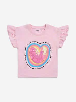 HOP Kids Pink Sequin Embellished Cotton T-Shirt