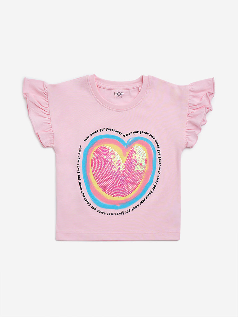 HOP Kids Pink Sequin Embellished Cotton T-Shirt