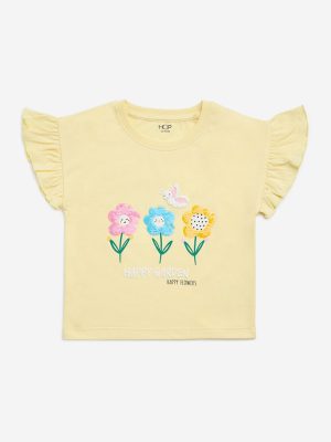 HOP Kids Yellow Floral Sequined Cotton T-Shirt