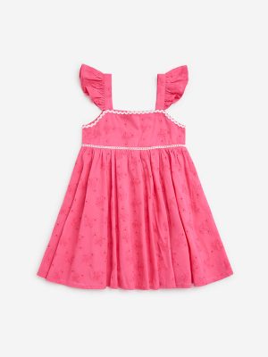 HOP Kids Pink Schiffli Detailed Cotton A Line Dress