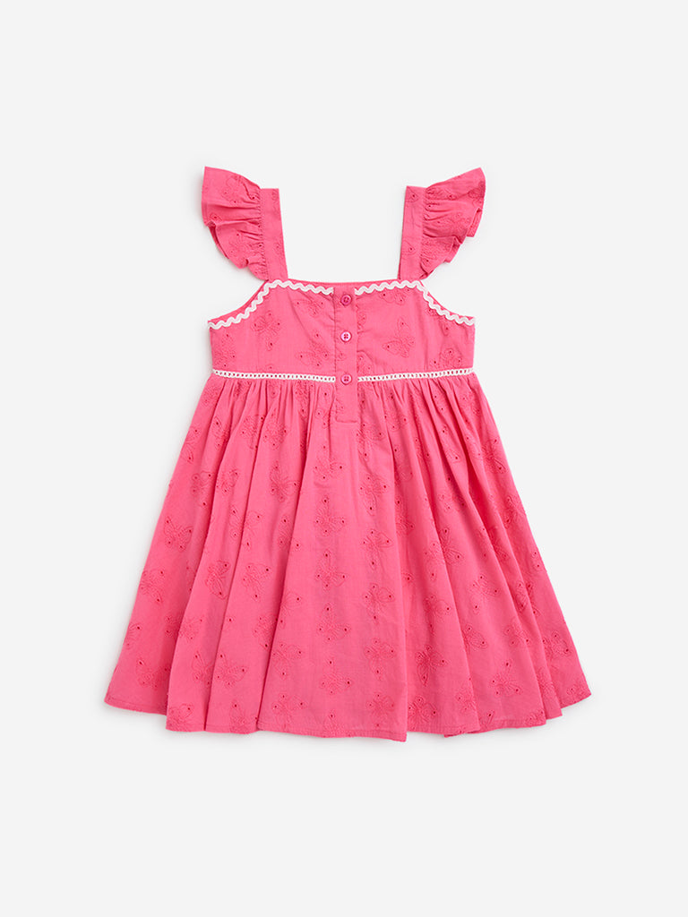 HOP Kids Pink Schiffli Detailed Cotton A Line Dress - Image 2