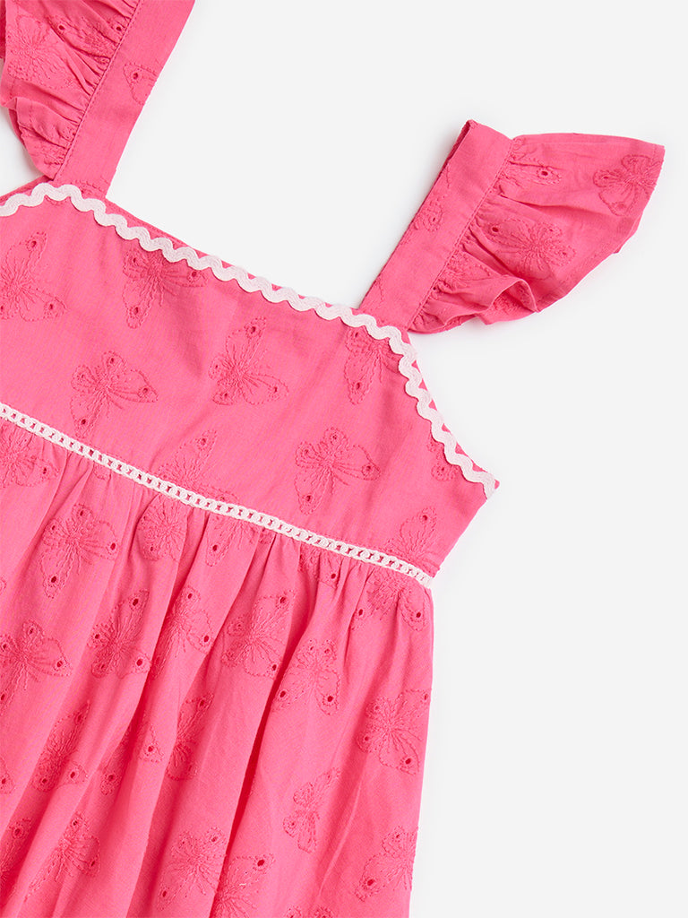 HOP Kids Pink Schiffli Detailed Cotton A Line Dress - Image 3