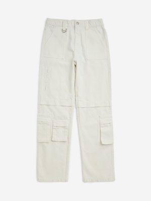 Y&F Kids Off-White Cargo-Style Straight-Fit Mid-Rise Jeans