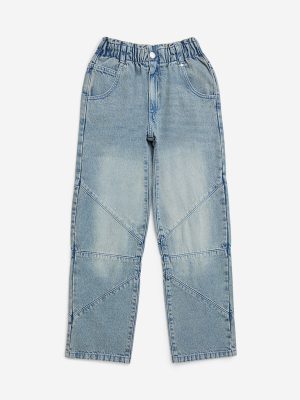 Y&F Kids Blue Washed Straight-Fit High-Rise Jeans