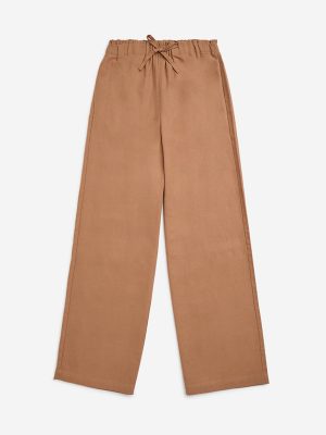 Y&F Kids Brown Solid High-Rise Cotton-Blend Trousers