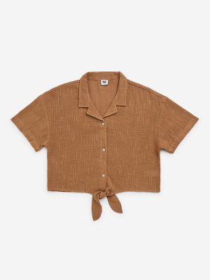 Y&F Kids Brown Knot-Detailed Cotton Shirt