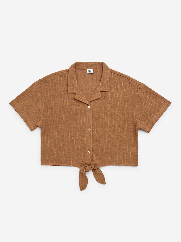 Y&F Kids Brown Knot-Detailed Cotton Shirt