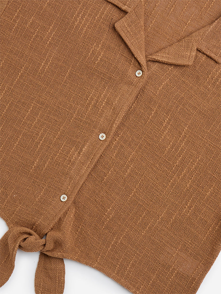 Y&F Kids Brown Knot-Detailed Cotton Shirt - Image 4