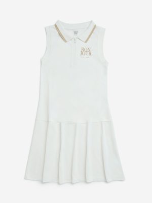 Y&F Kids White Text Printed Cotton Tennis Dress