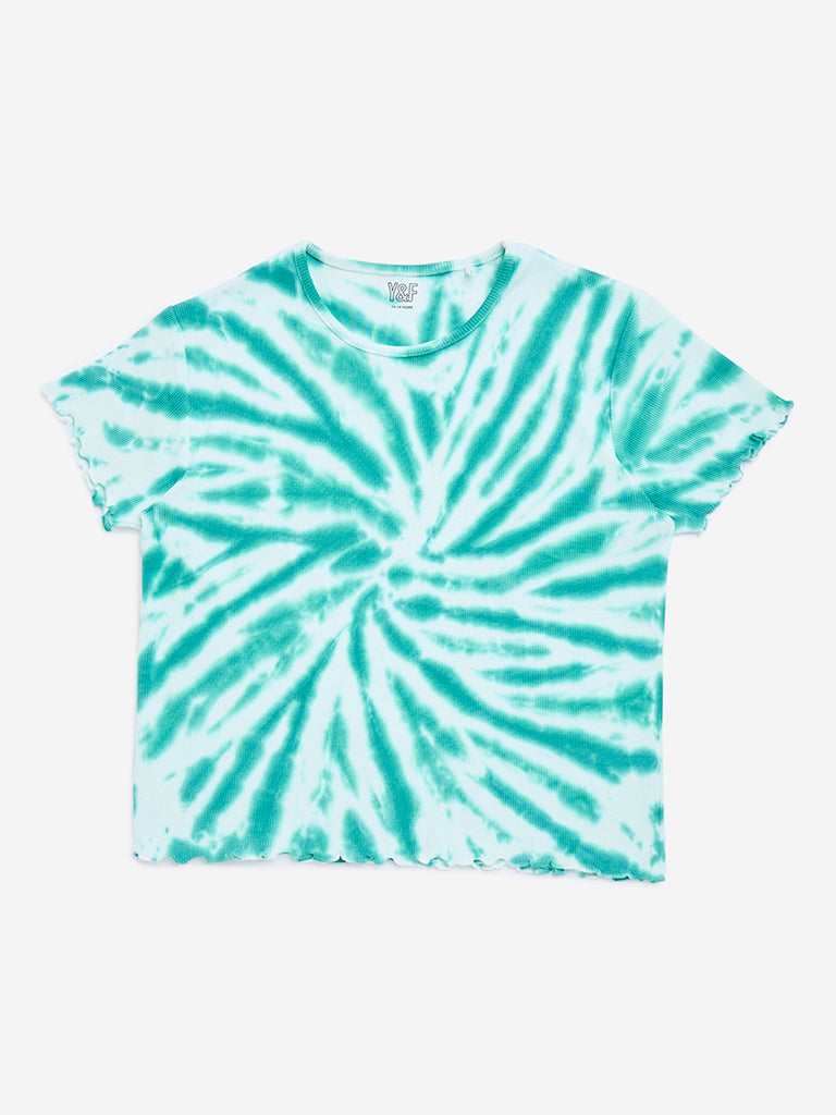 Y&F Kids Green Tie-Dye Printed Cotton-Blend Top