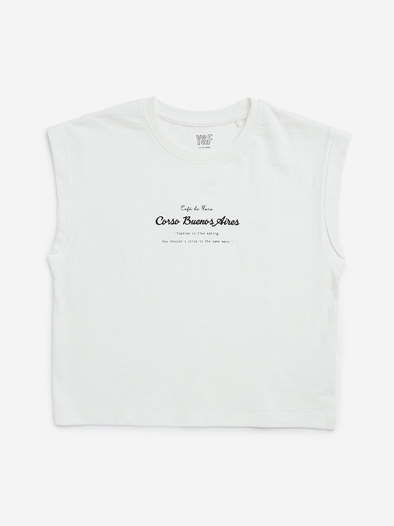 Y&F Kids White Text Printed Cotton T-Shirt