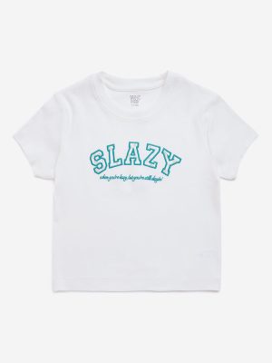 Y&F Kids White Text Detailed Cotton-Blend T-Shirt