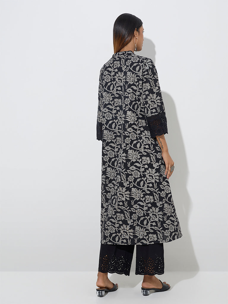 Utsa Black Floral Patterned Cotton-Blend A-Line Kurta - Image 4
