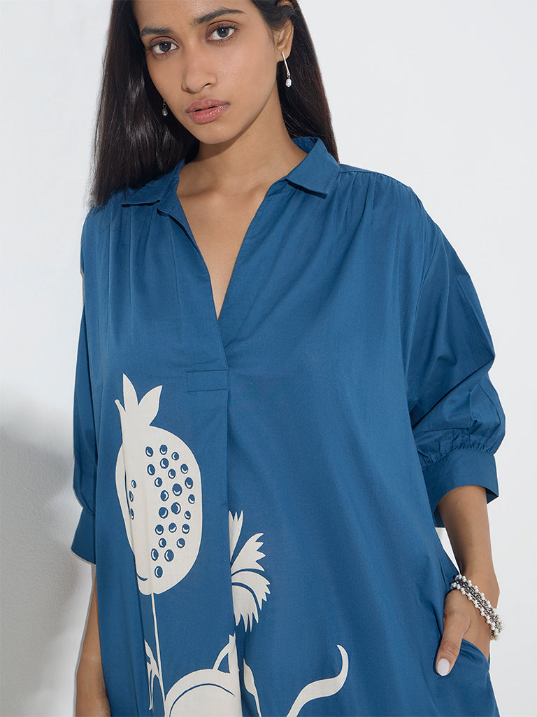 Utsa Blue Anar Design High-Low Cotton Kurta - Image 2