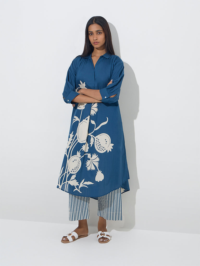 Utsa Blue Anar Design High-Low Cotton Kurta - Image 3