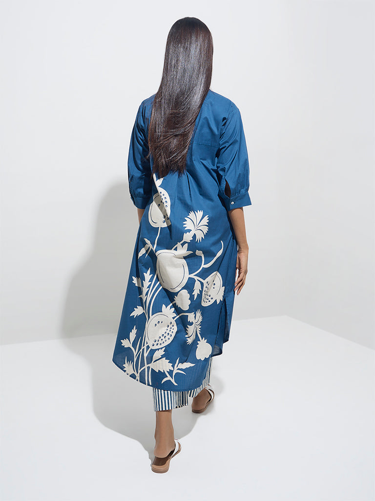 Utsa Blue Anar Design High-Low Cotton Kurta - Image 4