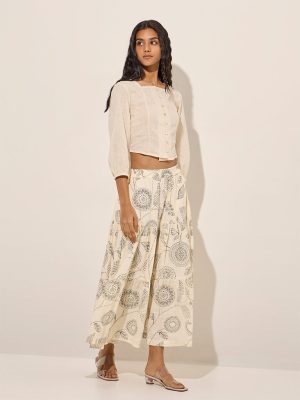 Utsa Beige Solid Cotton Ethnic Top