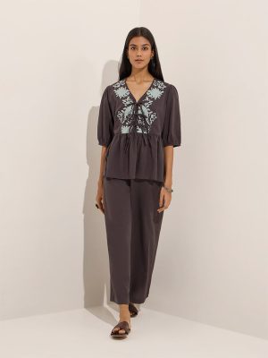 Utsa Black Floral Embroidered Knot-Detailed Cotton Top