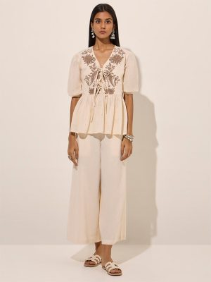 Utsa Ivory Floral Embroidered Knot-Detailed Cotton Top