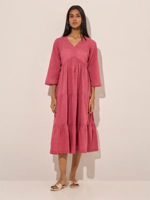 Utsa Pink Embellished Tiered Cotton Dress