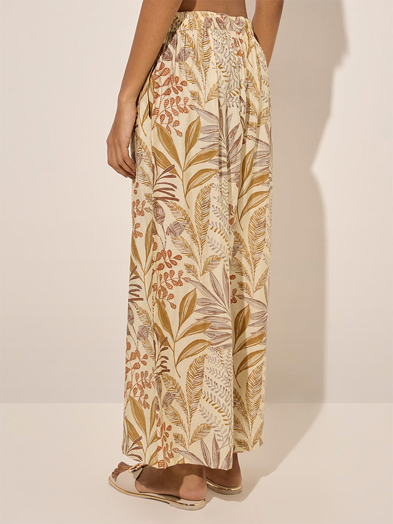 Utsa Beige Botanical Printed Cotton Palazzos - Image 2