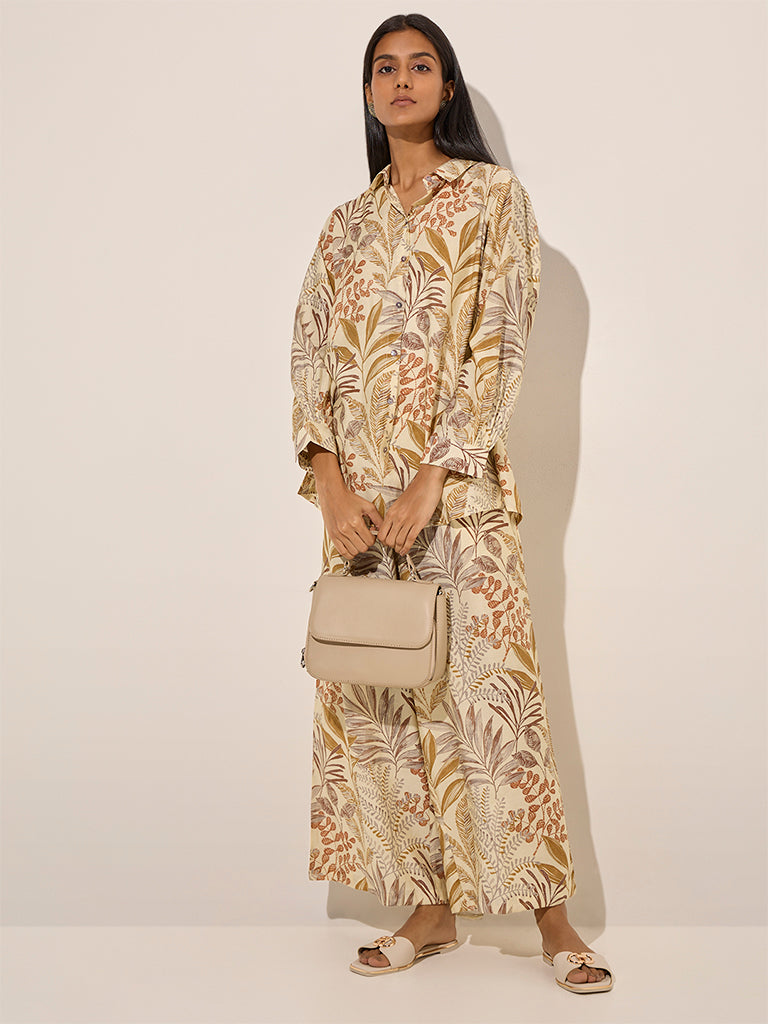 Utsa Beige Botanical Printed Cotton Palazzos - Image 3