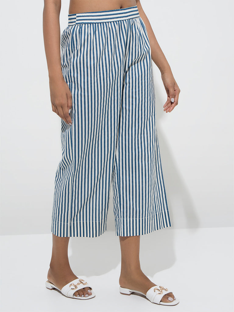 Utsa Blue Stripe Printed Cotton Ethnic Pants
