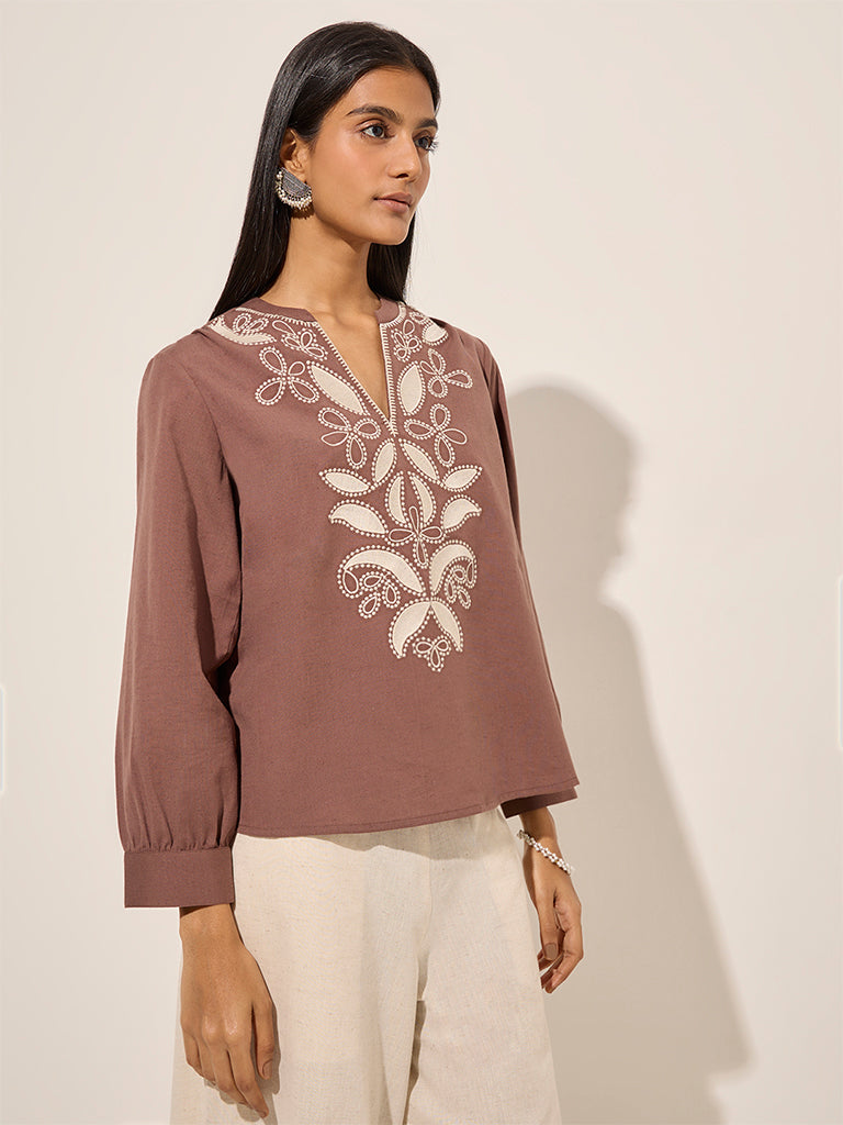 Utsa Brown Floral Embroidered Cotton-Blend Tunic - Image 4