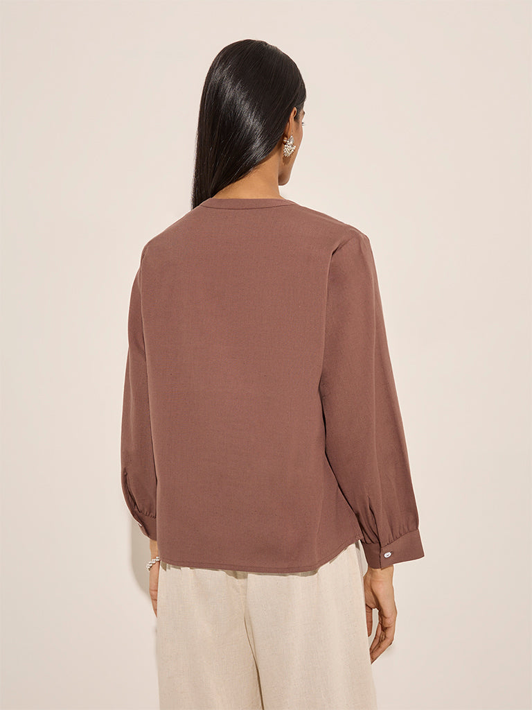 Utsa Brown Floral Embroidered Cotton-Blend Tunic - Image 5