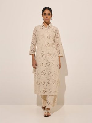 Zuba Beige Cut-Out Detailed Cotton A-Line Kurta