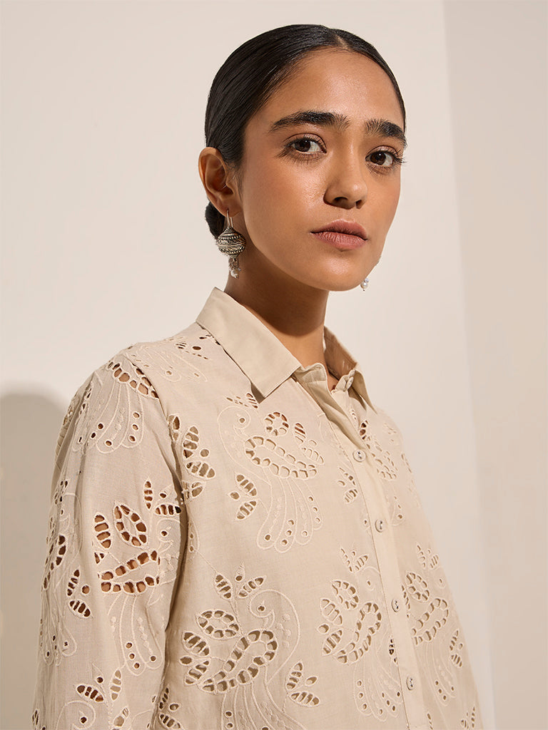 Zuba Beige Cut-Out Detailed Cotton A-Line Kurta - Image 2