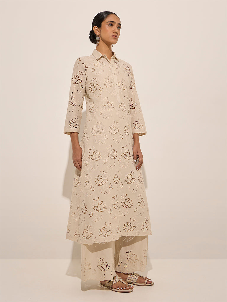 Zuba Beige Cut-Out Detailed Cotton A-Line Kurta - Image 3