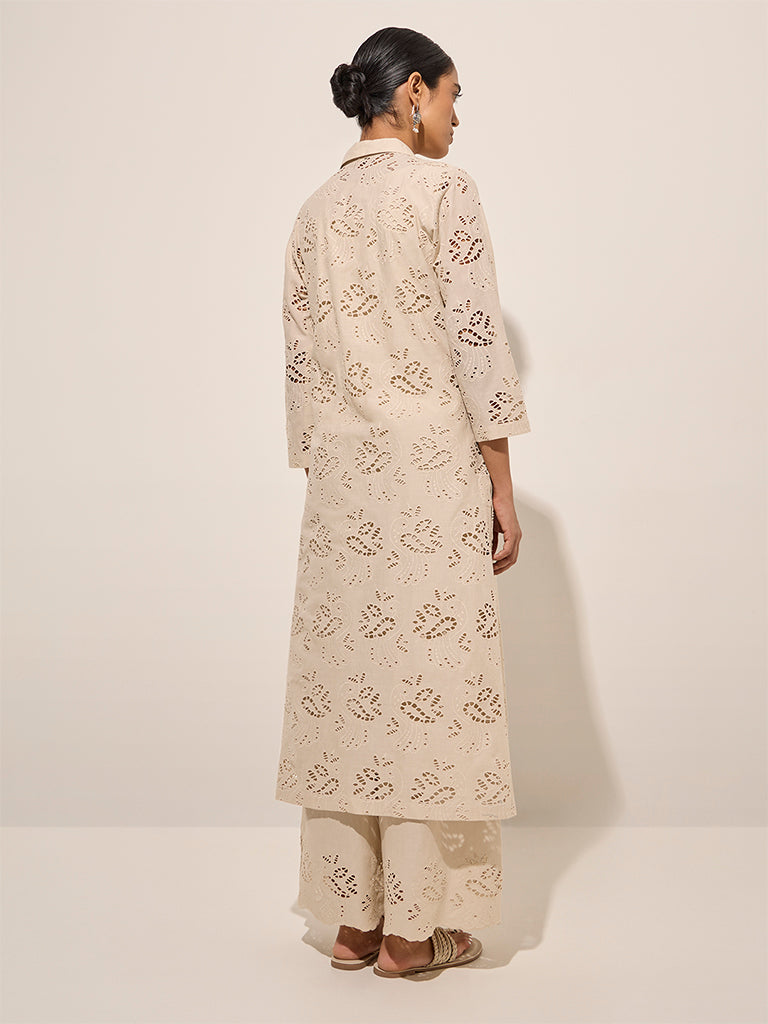 Zuba Beige Cut-Out Detailed Cotton A-Line Kurta - Image 4