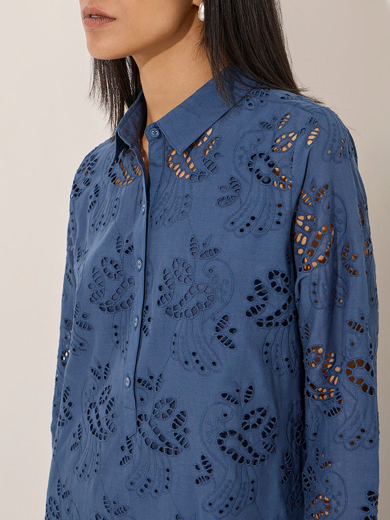 Zuba Blue Cut-Out Detailed Cotton A-Line Kurta - Image 2