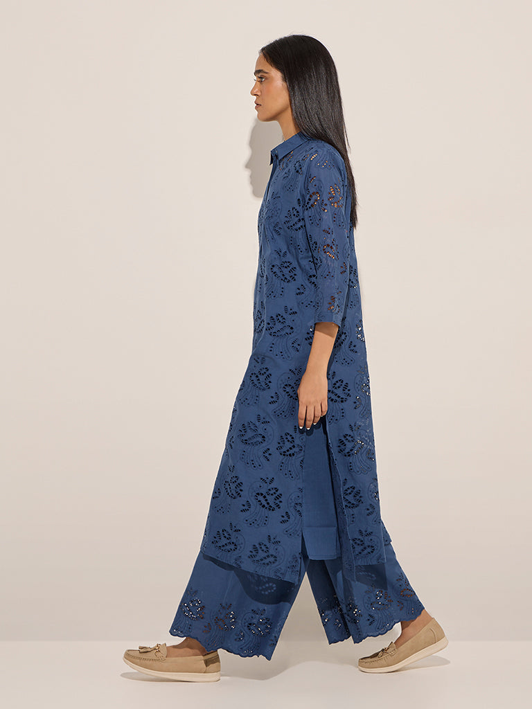 Zuba Blue Cut-Out Detailed Cotton A-Line Kurta - Image 3