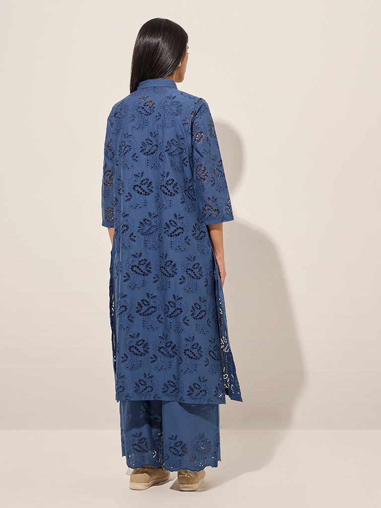 Zuba Blue Cut-Out Detailed Cotton A-Line Kurta - Image 4