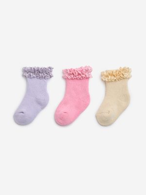 HOP Baby Multicolour Ruffled Cotton-Blend Socks - Pack of 3